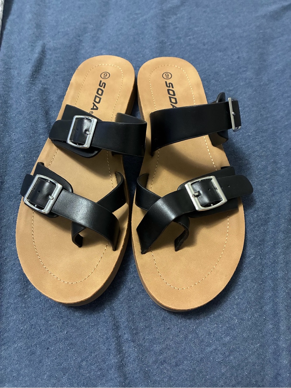 Soda Black Double Buckle Kids Slide Sandals with Tan Footbed